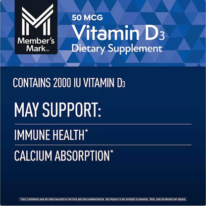 Member Mark Vitamin D3, 50 µg (2000 IU), 400 Soft gel capsules