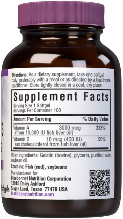 Bluebonnet Nutrition Vitamin A & D3 10,000 IU/400 IU – 100 Softgels