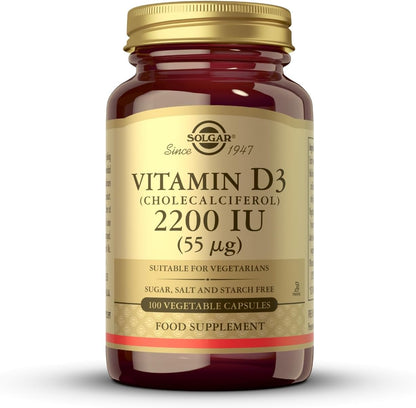 Solgar Vitamin D3 (Cholecalciferol) 55 mcg (2200 IU), 100 Vegetable Capsules