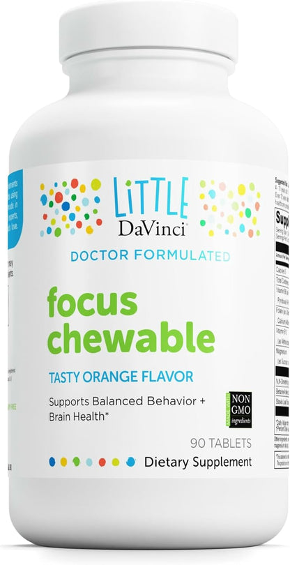 Little DaVinci Focus Chewable - Supplement to Support Behaviour, Brain Health, and Immune Health for Children - With Vitamin B6, Folate, Vitamin B12, and More - Orange Flavour - Sugar-Free - 90 Tablets