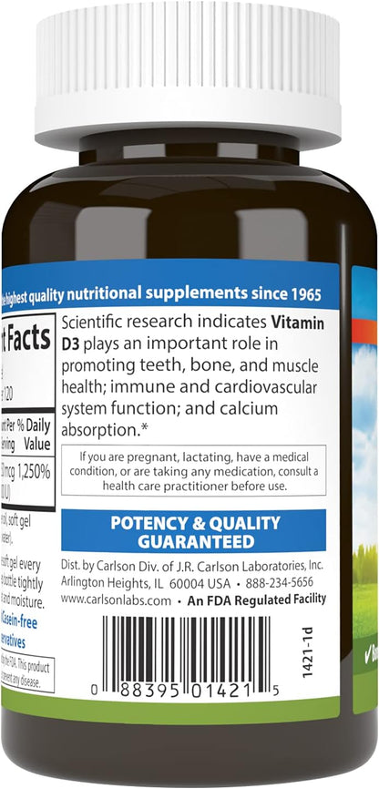 Carlson Vitamin D3 10000 IU (250 mcg) – Bone, Immune & Muscle Support, 120 Softgels