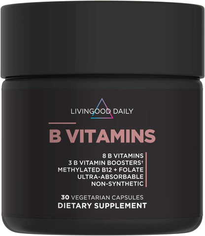Livingood Daily Vitamin B Complex – Methylated B12 & Folate, 11 Active Forms, Gluten-free, Vegan, 30 Capsules