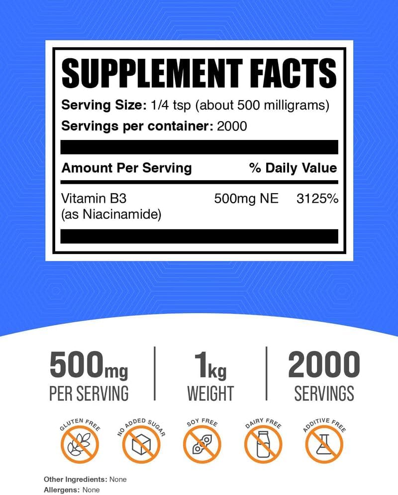 BulkSupplements.com Niacinamide Powder – Vitamin B3, 500mg per Serving, 1kg (2.2 lbs) - görsel 2