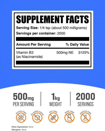BulkSupplements.com Niacinamide Powder – Vitamin B3, 500mg per Serving, 1kg (2.2 lbs)