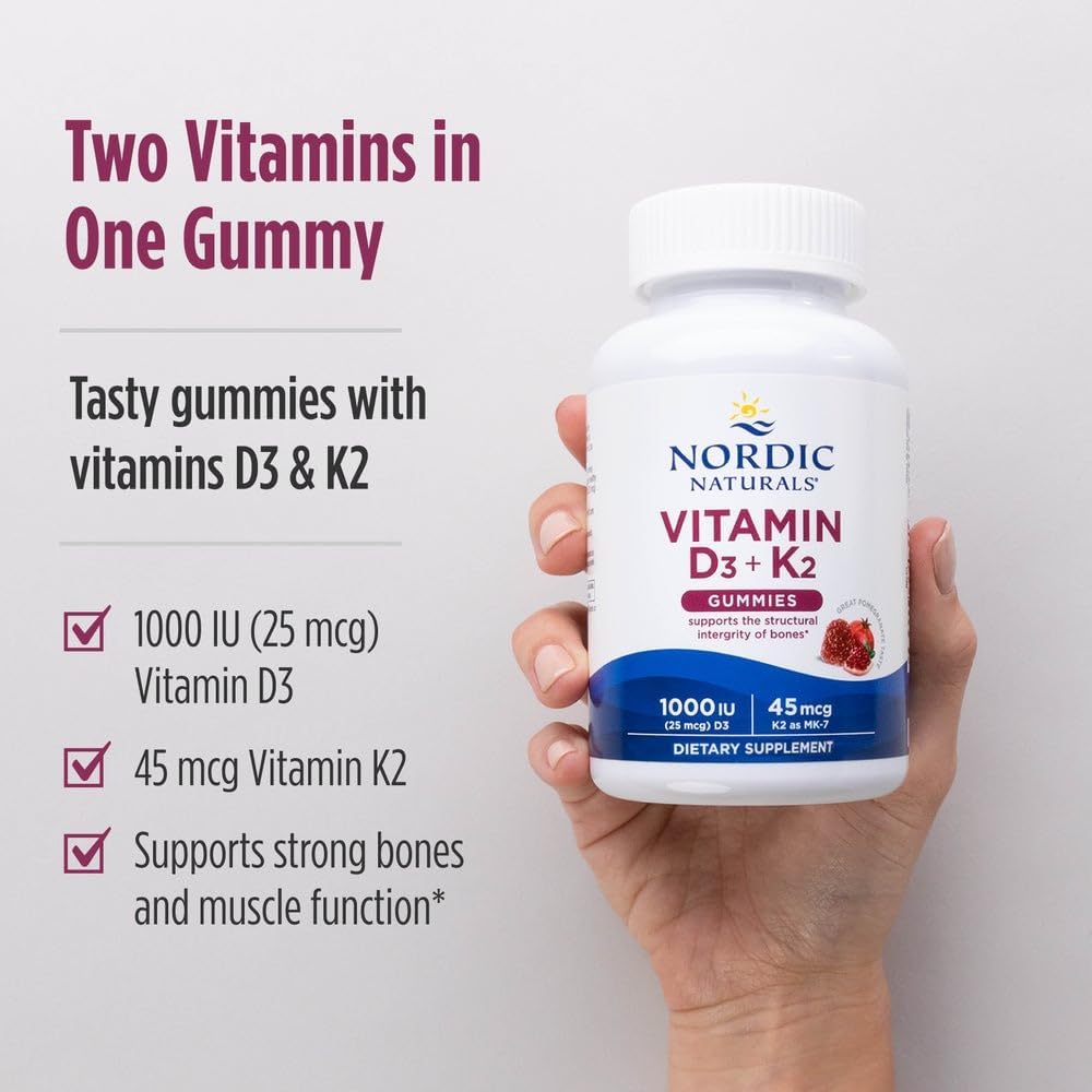 Nordic Naturals Vitamin D3 + K2 Gummies - 120 Gummies - 1000 IU D3 & 45 mcg K2 MK-7 - Pomegranate Flavour - görsel 4