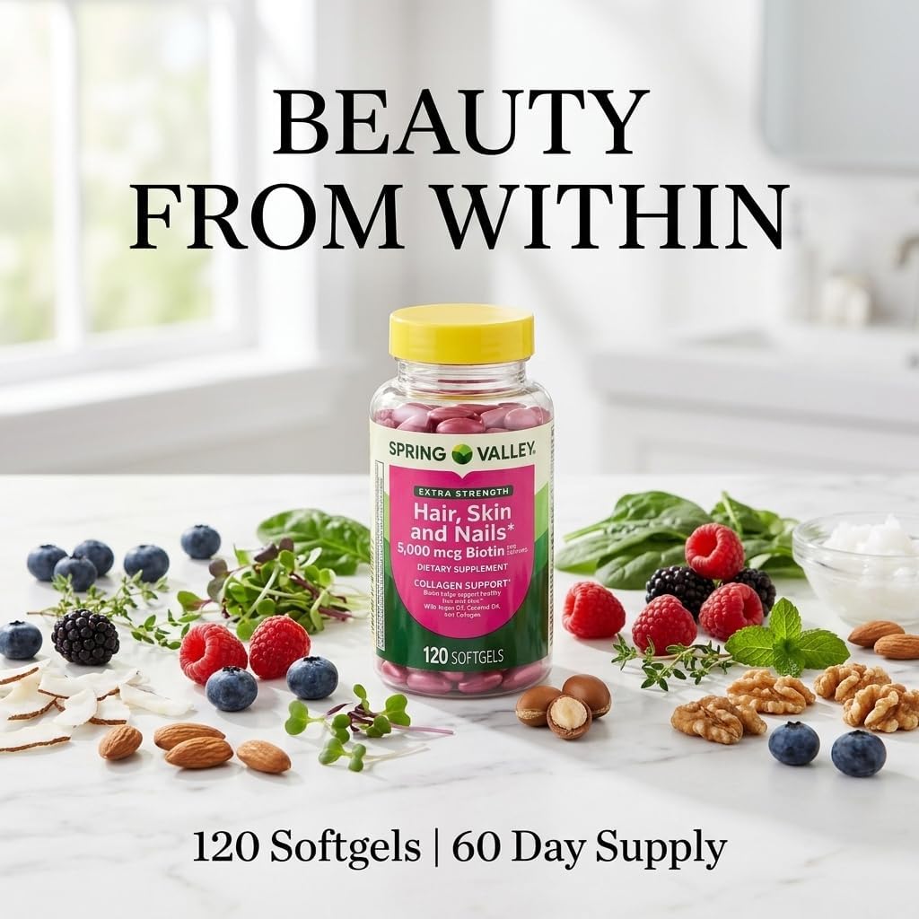 Spring Valley Extra Strength Hair, Skin & Nails Dietary Supplement, 5000 mcg, 120 Softgels - görsel 3