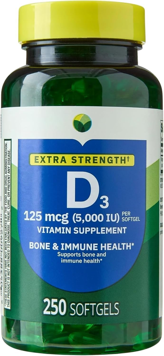 Spring Valley Extra Strength Vitamin D3 Softgels, 125 mcg (5000 IU), 250 Softgels - görsel 1