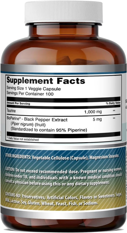 Amazing Formulae Taurine with Bioperine 1000 mg, 100 Veggie Capsules