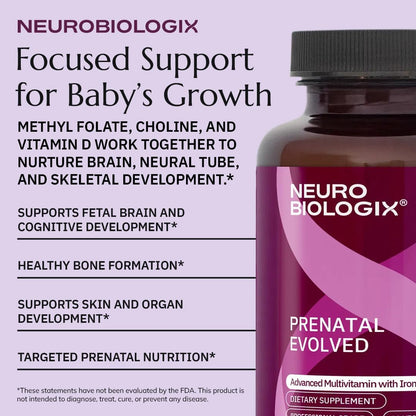 Neurobiologix Prenatal Evolved: Complete Prenatal Multivitamin with Methylated Folate, Iron, Choline – Gentle Absorption for Pregnancy & Postnatal, 90 Capsules