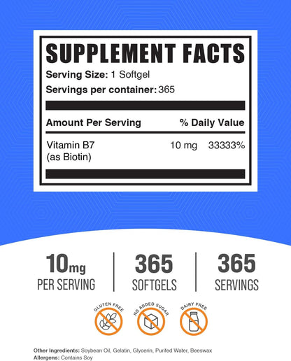 BulkSupplements Biotin 10000mcg Softgels - Vitamin B7 Supplement for Hair, Skin and Nails - Gluten-free, 365 Softgels
