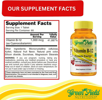 Greenfield Nutritions Halal Vitamin B12 1000mcg Sublingual Tablets - Cherry Flavour, 60 Count