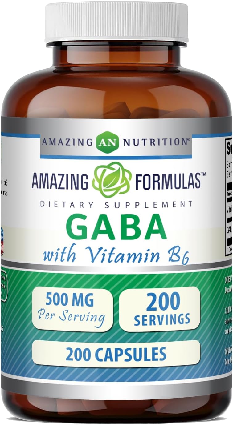 Amazing Formulae GABA with Vitamin B6 Supplement – 500 mg, 200 Capsules - görsel 1