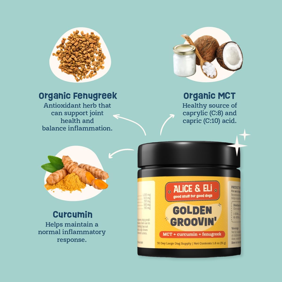 Alice & Eli Golden Groovin' Turmeric for Dogs - Natural Immune & Joint Support with Organic Curcumin, MCT & Fenugreek - 30 Day Large Dog Supply - görsel 4