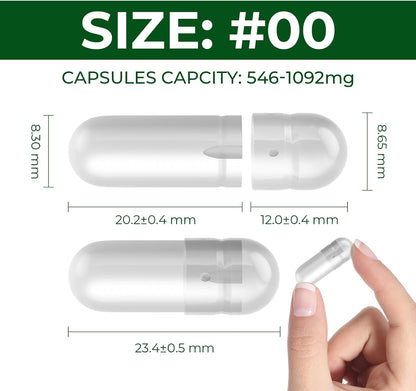 Empty Capsules Size 00 Separated Vegan – Plant Based HPMC (1000 Capsules + 1000 Bodies)