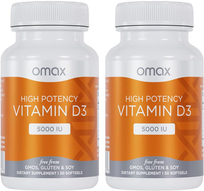 Omax3 High-Potency Vitamin D3 5,000 IU (125 µg) – Strong Bones, Muscles & Joints, Heart Health, Immunity, Non-GMO, Gluten-free, Soya Free – 30 Softgels