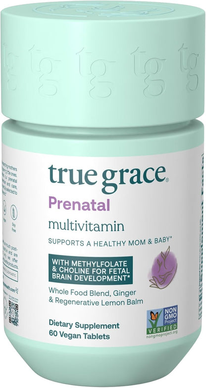 True Grace Prenatal Multivitamin - 30 Servings - Supports a Healthy Mum & Baby with Methylfolate & Choline for Foetal Brain Development - Gluten-free, Soya-free - 60 Vegan Tablets