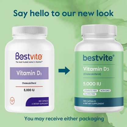 BESTVITE Vitamin D3 5000 IU, 365 Capsules - Non-GM, Gluten-free, No Stearates
