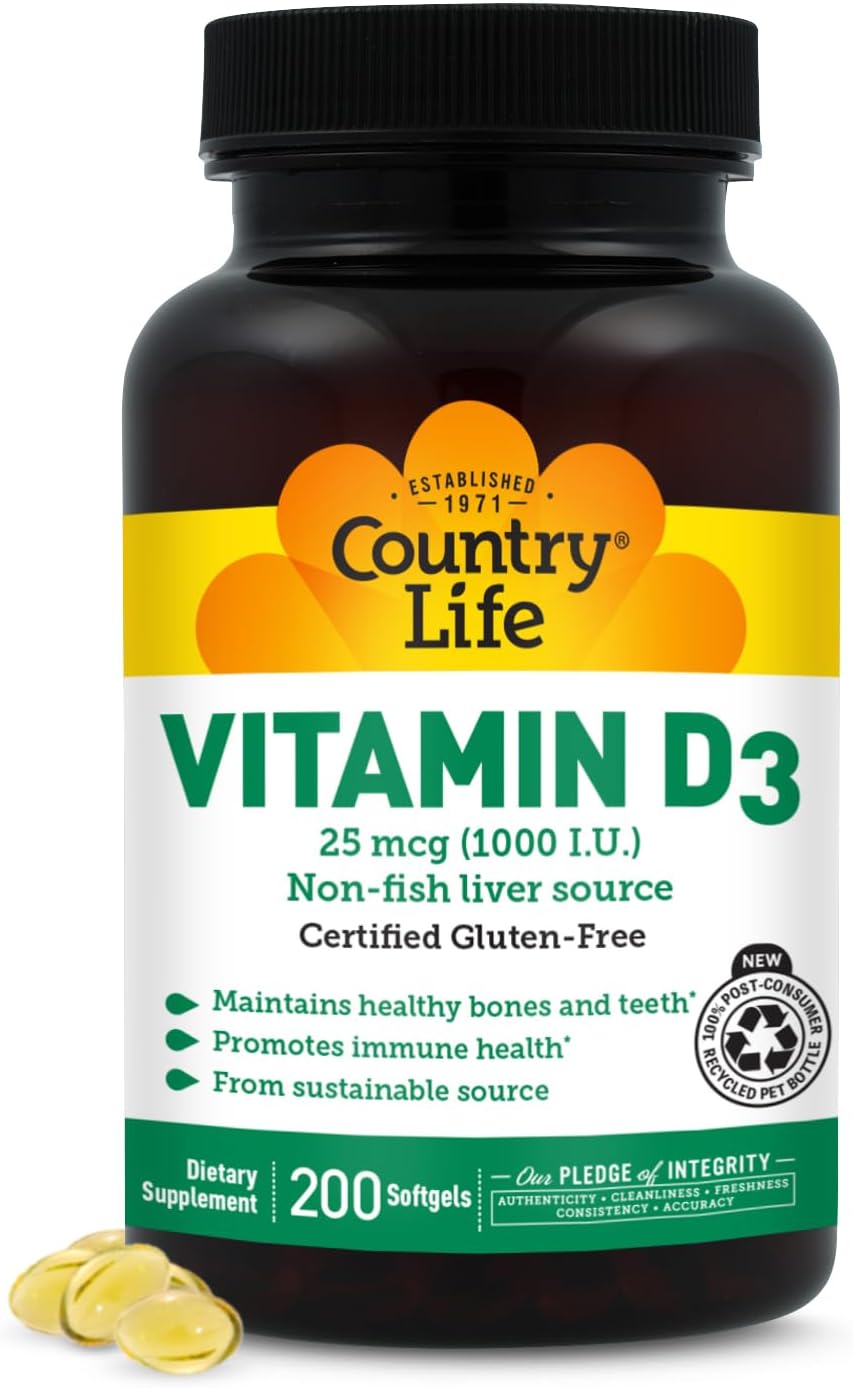 Country Life Vitamin D3 1000 IU (25 mcg) Softgels - 200 Count - görsel 1