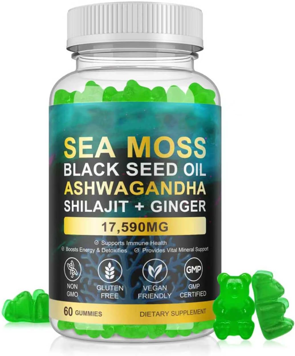 Sea Moss Gummies, Sea Moss, Bladderwrack, Ashwagandha, Burdock Root, Energy, Immune Support, 60 Vegan Gummies - görsel 1