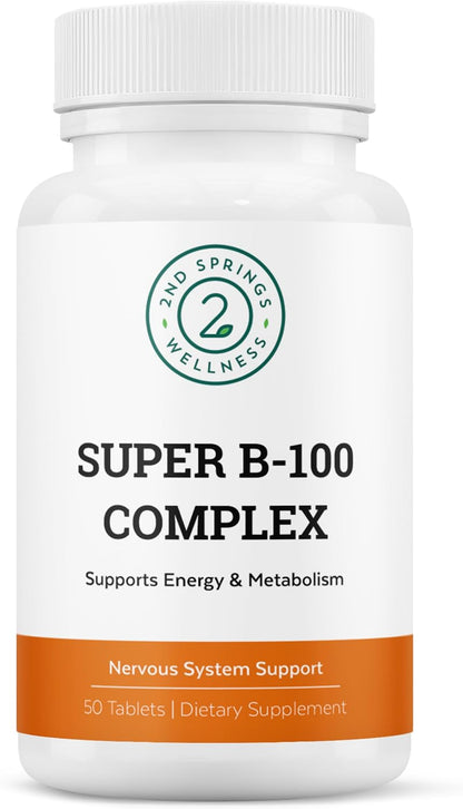 2nd Springs Super B-100 Complex - High Potency B Vitamin with B-6, B-12, Folate, Niacin, Biotin, Choline, Inositol and PABA for Energy and Metabolism support