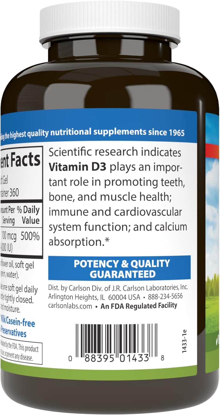 Carlson Vitamin D3 4000 IU (100 mcg) – Immune Support, Bone Health, Muscle Function – 360 Softgels - görsel 3