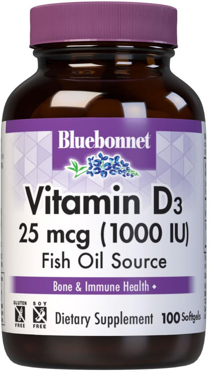 Bluebonnet Nutrition Vitamin D3 1000 IU Softgels – Non-GMO, Gluten-Free, 100 Softgels
