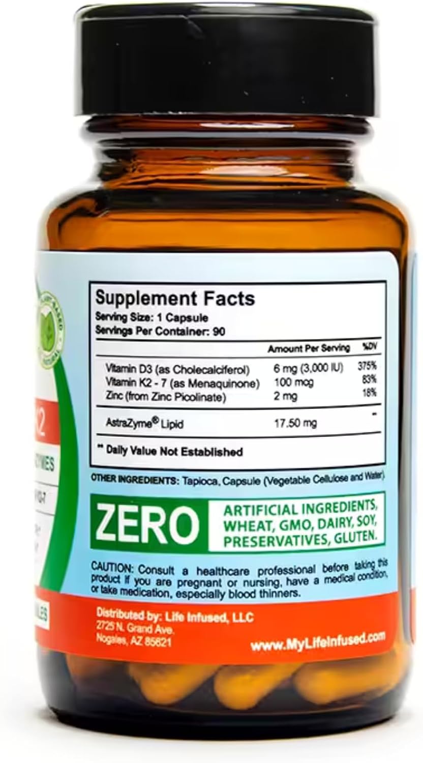 Life Infused Vitamin D3 + K2 with Zinc & Enzymes - 3000 iU D3, MK-7 K2, 90 Vegan Capsules - görsel 8