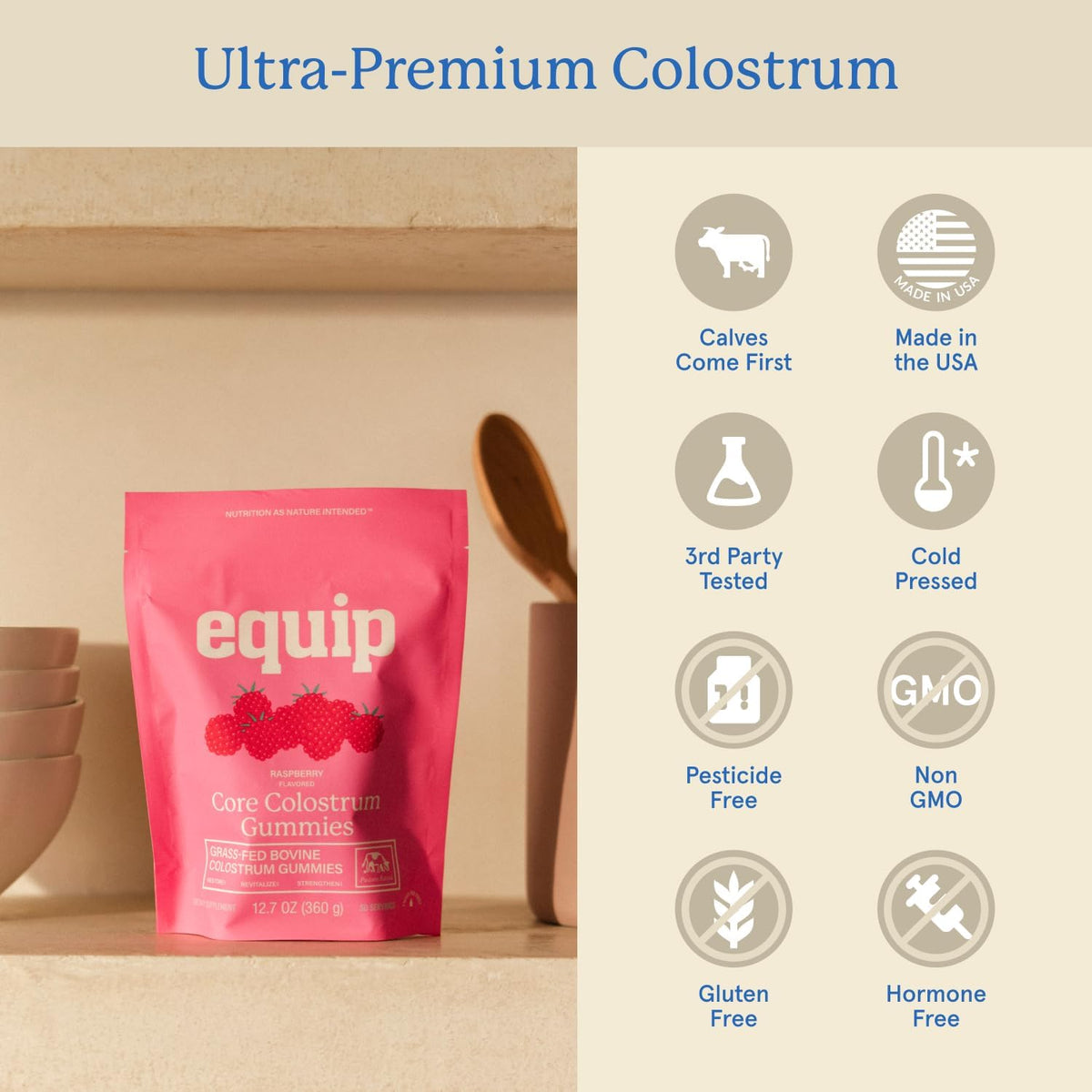 Equip Foods Core Bovine Colostrum Gummies - Delicious 1g Per Serving Grass Fed Colostrum Supplement - Gut Health, Immunity, Recovery, Hair & Skin - 60 Bovine Colostrum Gummies, 30 Servings, Raspberry - görsel 5