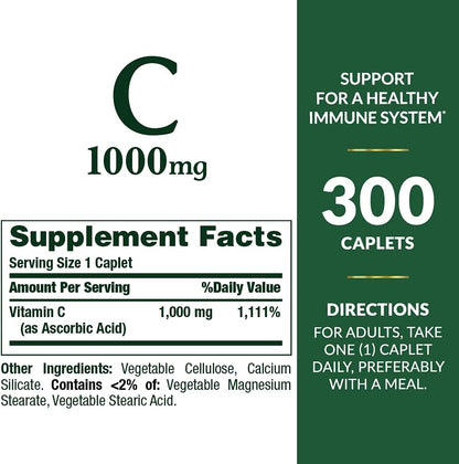 Nature's Bounty Vitamin C 1000mg, Supports Normal Immune and Antioxidant Function, 300 Vegetarian Caplets