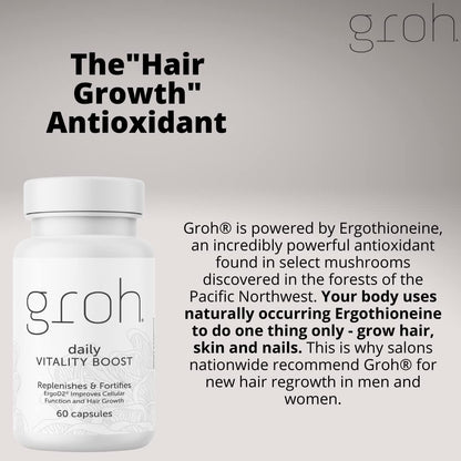 Groh Daily Vitality Boost - All Natural Hair, Skin and Nails Supplement with ErgoD2 - 60 Capsules