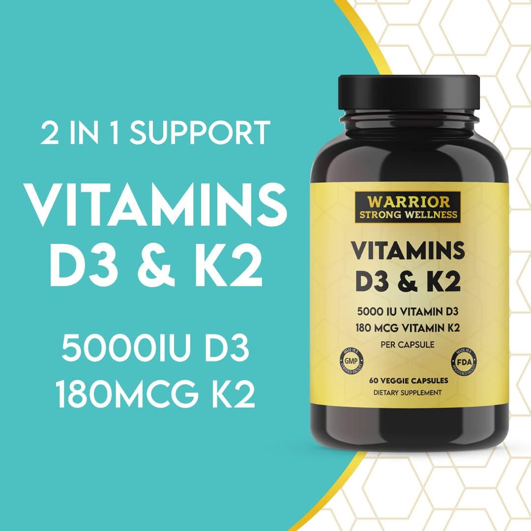 Warrior Strong Wellness Vitamin D3 K2 Supplement - 5000 IU D3, 180 mcg K2 (MK-7) - 60 Vegetarian Capsules - görsel 3