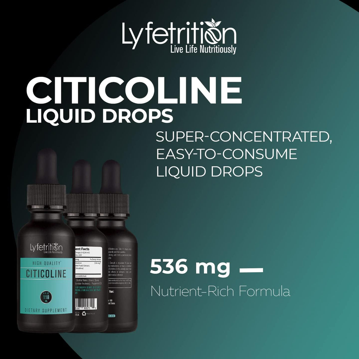 Lyfetrition Citicoline Liquid Drops - 536 mg, 120 ml (220 Servings) – Image 2