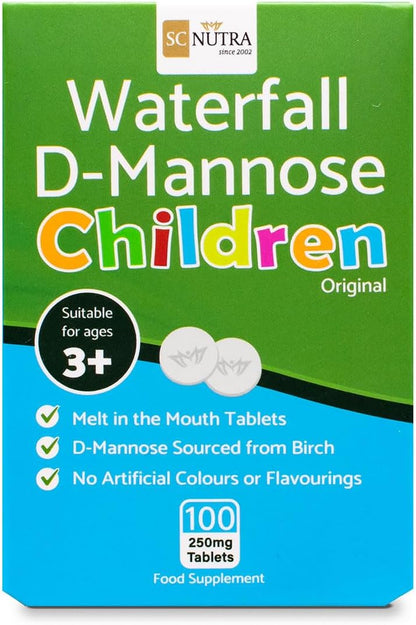 Waterfall D-Mannose Children Original | No Artificial Colours &amp; Flavourings | Vegan | 250mg Melt in the Mouth Tablets – 100 Tablets