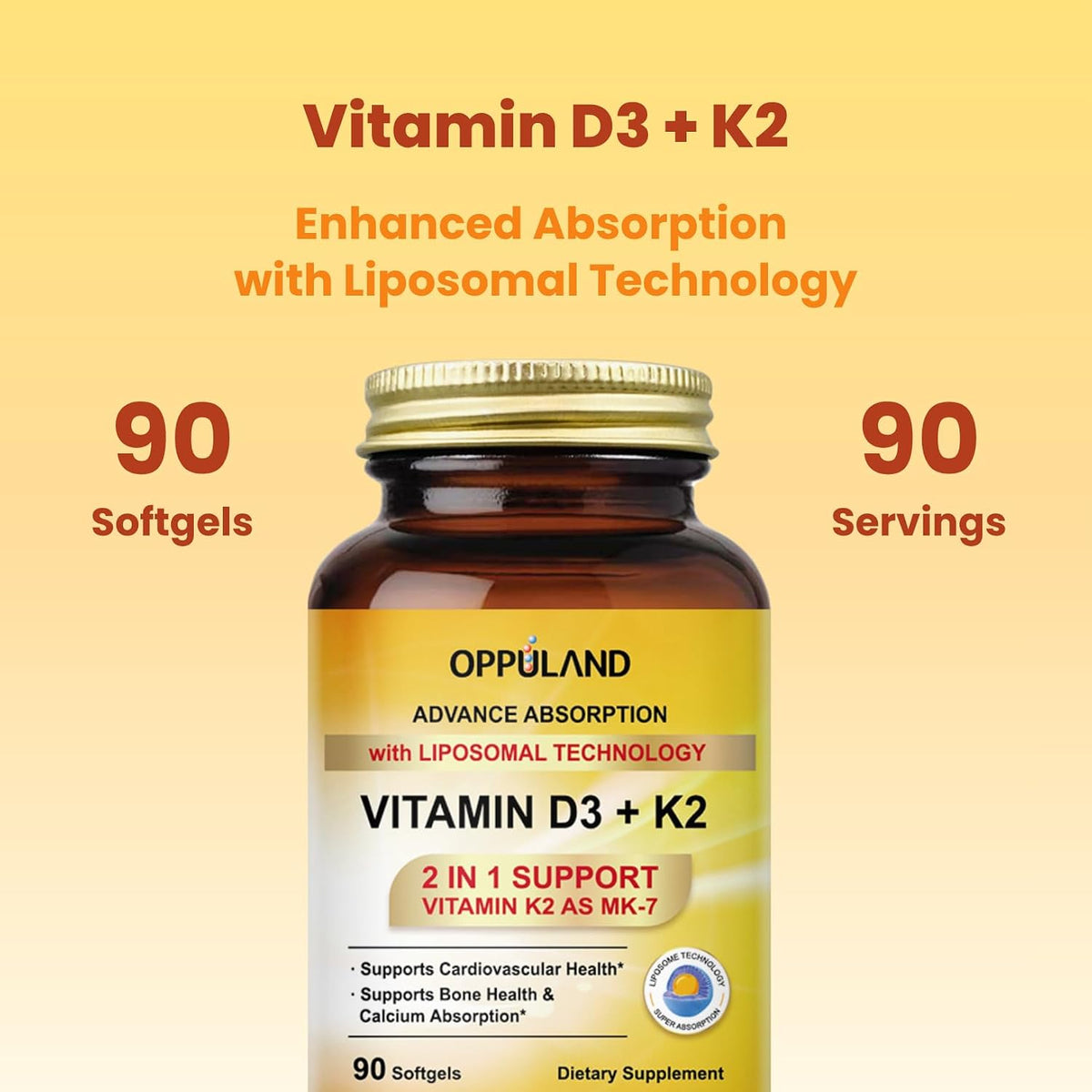 Oppuland Vitamin D3 + K2 5000 IU with Liposomal Technology - MK-7 100µg - 90 Softgels - görsel 4