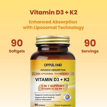 Oppuland Vitamin D3 + K2 5000 IU with Liposomal Technology - MK-7 100µg - 90 Softgels