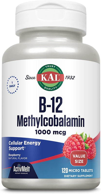 KAL Vitamin B12 Methylcobalamin 1000mcg, Fast Dissolve ActivMelt, Natural Raspberry Flavour, 90 Micro Tablets