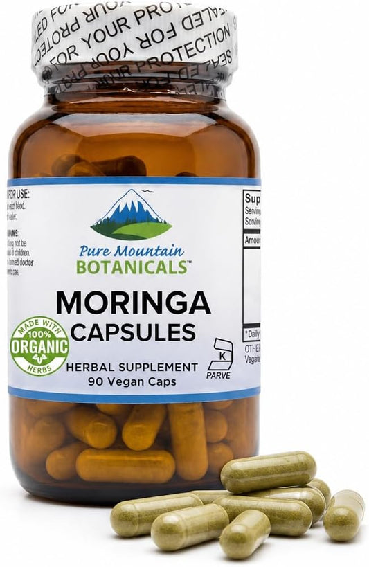 Pure Mountain Botanicals Moringa Capsules - 1000mg Organic Moringa Oleifera Leaf per Serving - 90 Capsules - Vegan, Kosher, Non-GM, Gluten-Free