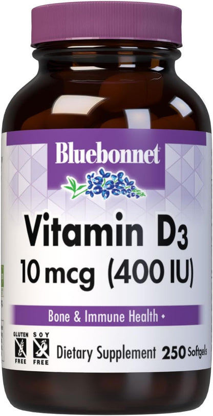 BlueBonnet Vitamin D3 400 IU Vegetable Capsules, 250 Capsules