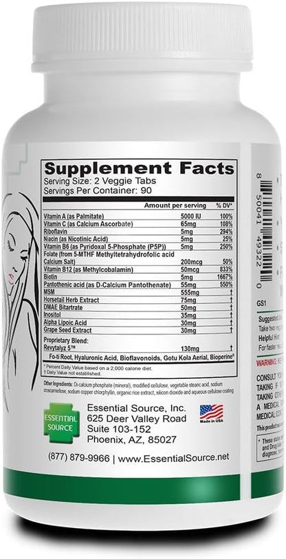 Essential Source Bonita V Vegan Hair, Nails and Skin Vitamins for Women – 20 Active Ingredients Including Biotin – Normal Nails, Healthy Skin, Hair Maintenance – 180 EZ-TAB Veggie Tablets