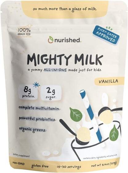 Vanilla Mighty Milk - Children's All-in-One Daily Protein Powder & Multivitamin with 2 Billion Probiotics & Organic Spinach - Natural Flavours, Colours & Sweeteners - 15-30 Servings