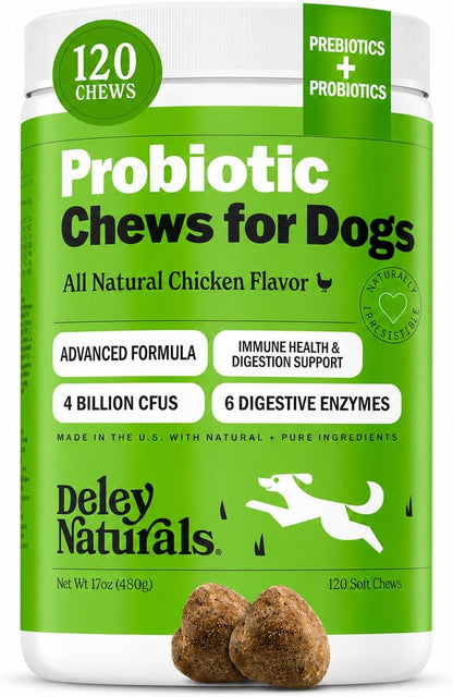 Deley Naturals Probiotics Plus Chews for Dogs - Gut Health Supplement with 5 Billion CFUs and Digestive Enzymes (90 Chews)