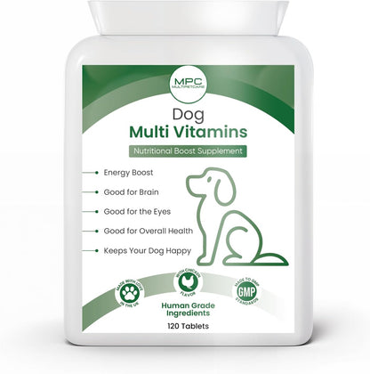 Dog Multivitamin 22-in-1 – Dog Vitamins and Supplements with Calcium, Zinc, Iron & Full B-Complex | Immune, Skin & Coat, Bone & Joint Support | Chicken Flavour Tablets | UK GMP | 120 Ct