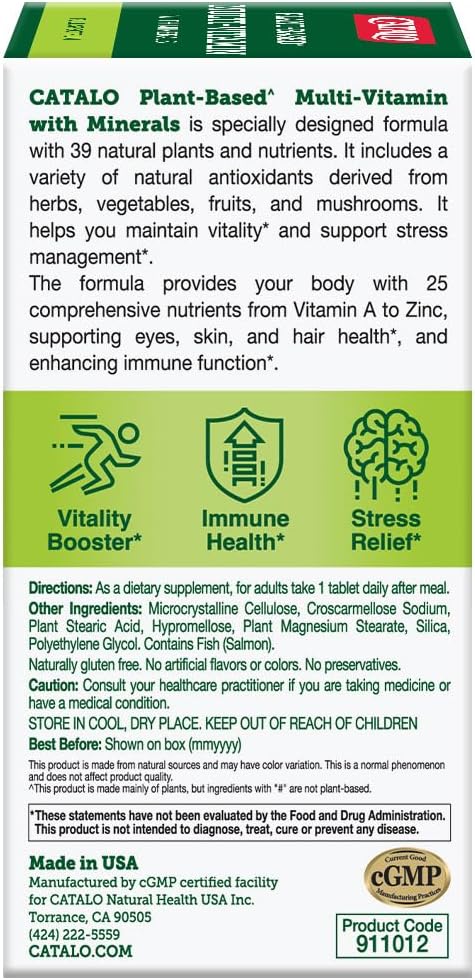CATALO Multivitamin for Women and Men with Minerals Tablets – Plant-Based Formula with 25 Essential Vitamins & Minerals, Includes 39 Fruits, Vegetables, Mushrooms & Herbs – 60 Tablets - görsel 5
