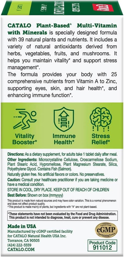 CATALO Multivitamin for Women and Men with Minerals Tablets – Plant-Based Formula with 25 Essential Vitamins & Minerals, Includes 39 Fruits, Vegetables, Mushrooms & Herbs – 60 Tablets