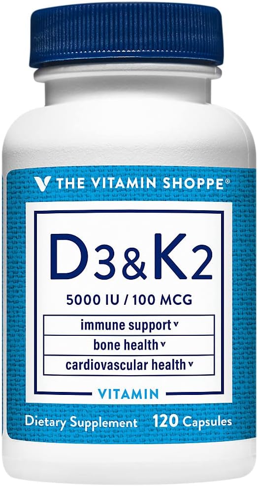 The Vitamin Shoppe Vitamin D3 K2 5000 IU – Bone Density and Heart Health | D3 + K2 MK-7 | 120 Capsules | Synergistic Formula - görsel 1