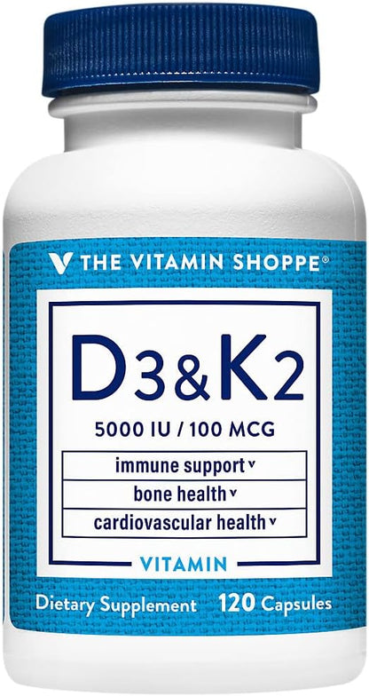 The Vitamin Shoppe Vitamin D3 & K2 5000 IU - Bone Density & Heart Health | D3 + K2 MK-7 | 120 Capsules