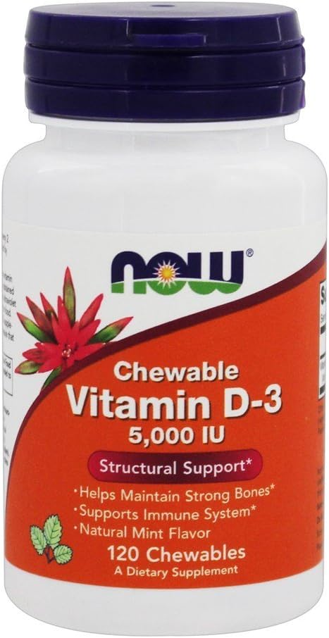 NOW Foods Vitamin D3 5000 IU Chewable, Mint, 120 Tablets - görsel 1