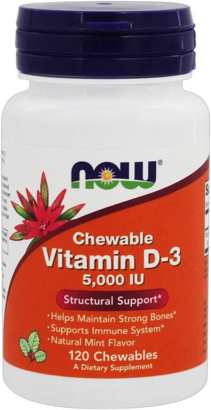 NOW Foods Vitamin D3 5000 IU Chewable, Mint, 120 Tablets