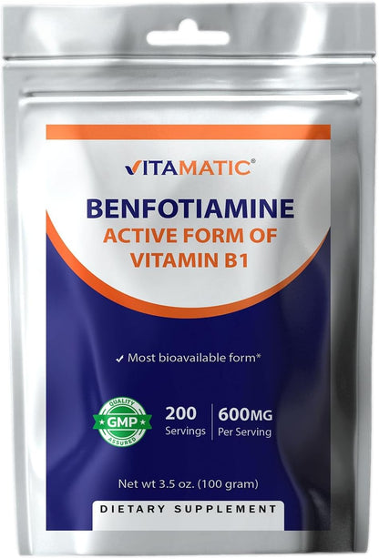 Vitamatic Benfotiamine Pure Powder – Fat Soluble Vitamin B1, 600 mg per Serving, 100 g