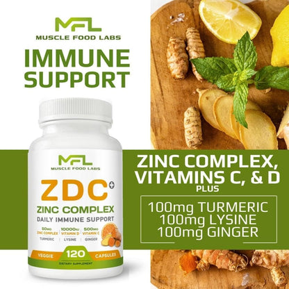 ZDC Plus Vitamin C 500mg with D3, Zinc, Turmeric, Ginger, Lysine - 120 Vegetable Capsules